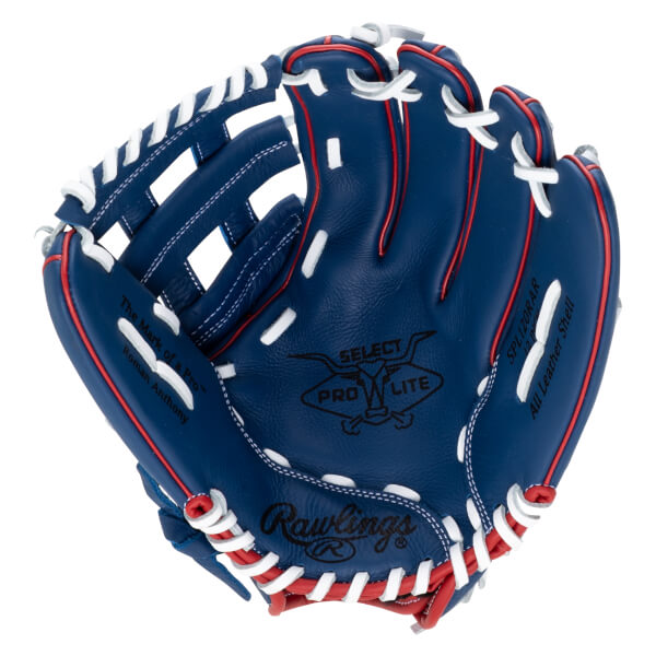 Top-down view of a blue baseball glove with red and white lacing, featuring "Rawlings" and "SELECT PRO LITE" logos.