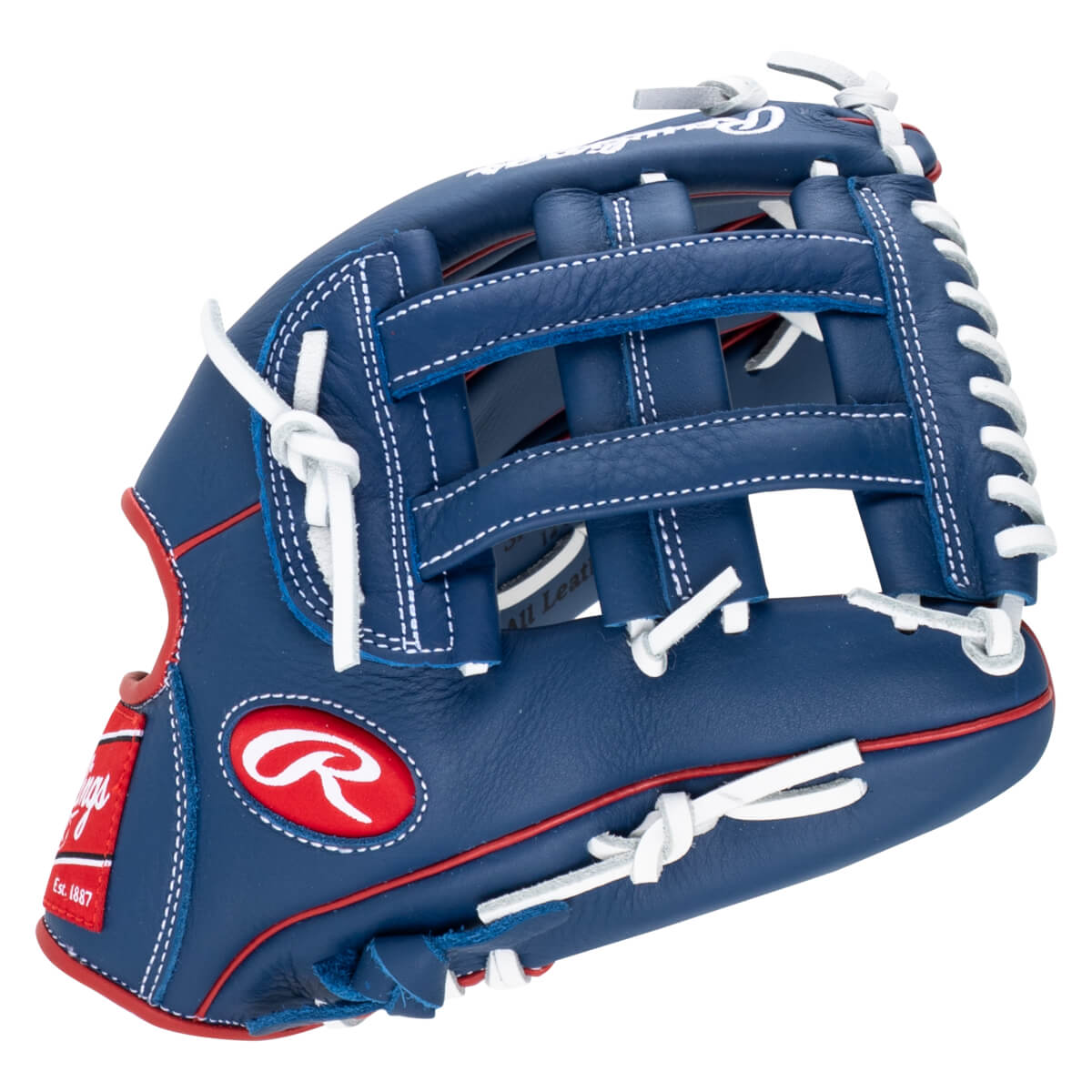 Front view of a blue Rawlings baseball glove with white lacing, red trim, and a red Rawlings logo.