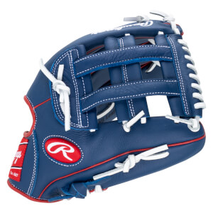 Front view of a blue Rawlings baseball glove with white lacing, red trim, and a red Rawlings logo.