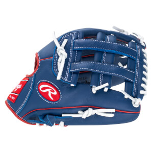 Side view of a navy blue baseball glove with red trim, white lacing, and a red Rawlings logo.