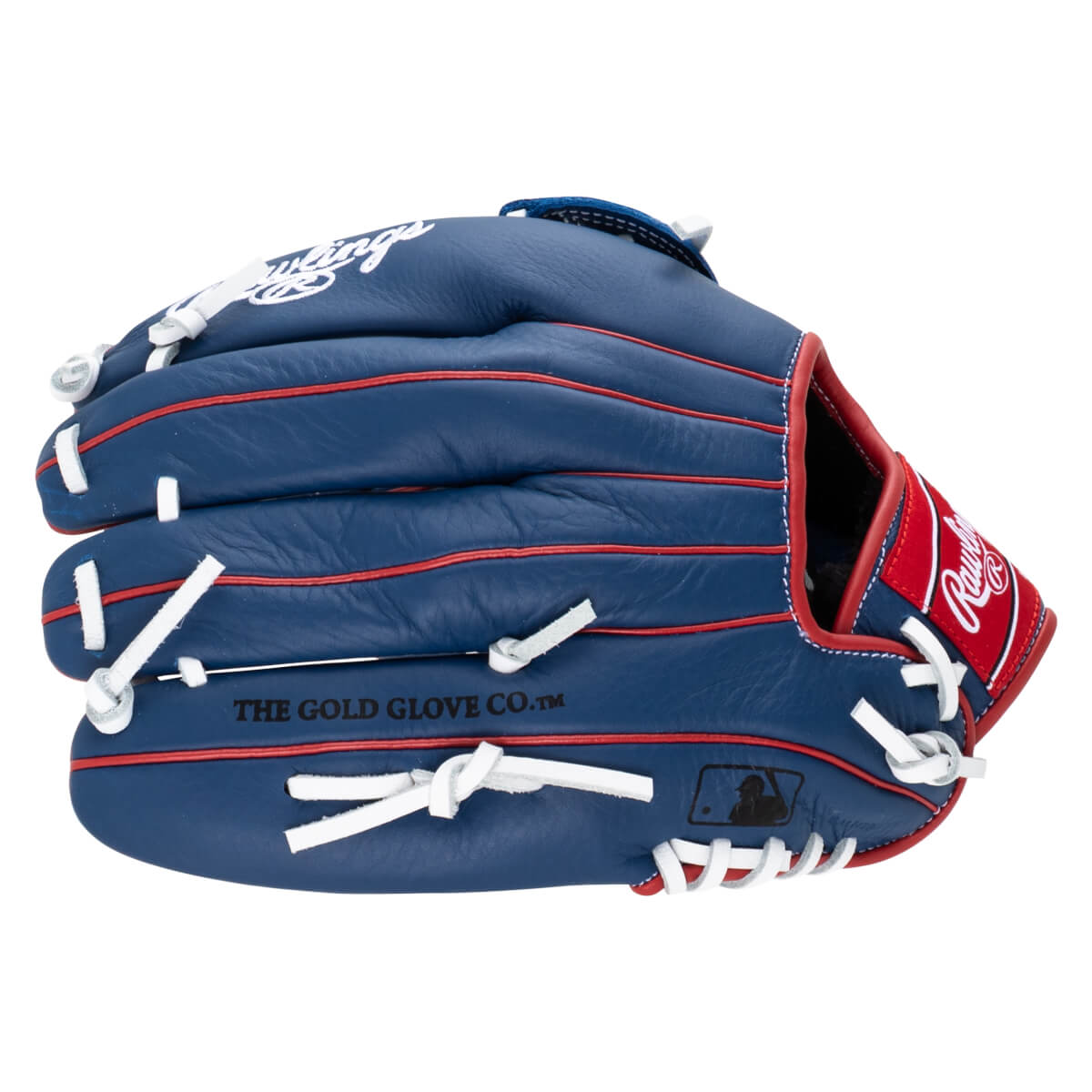 Side view of a blue baseball glove with red trim, white lacing, and "THE GOLD GLOVE CO.â„¢" text.