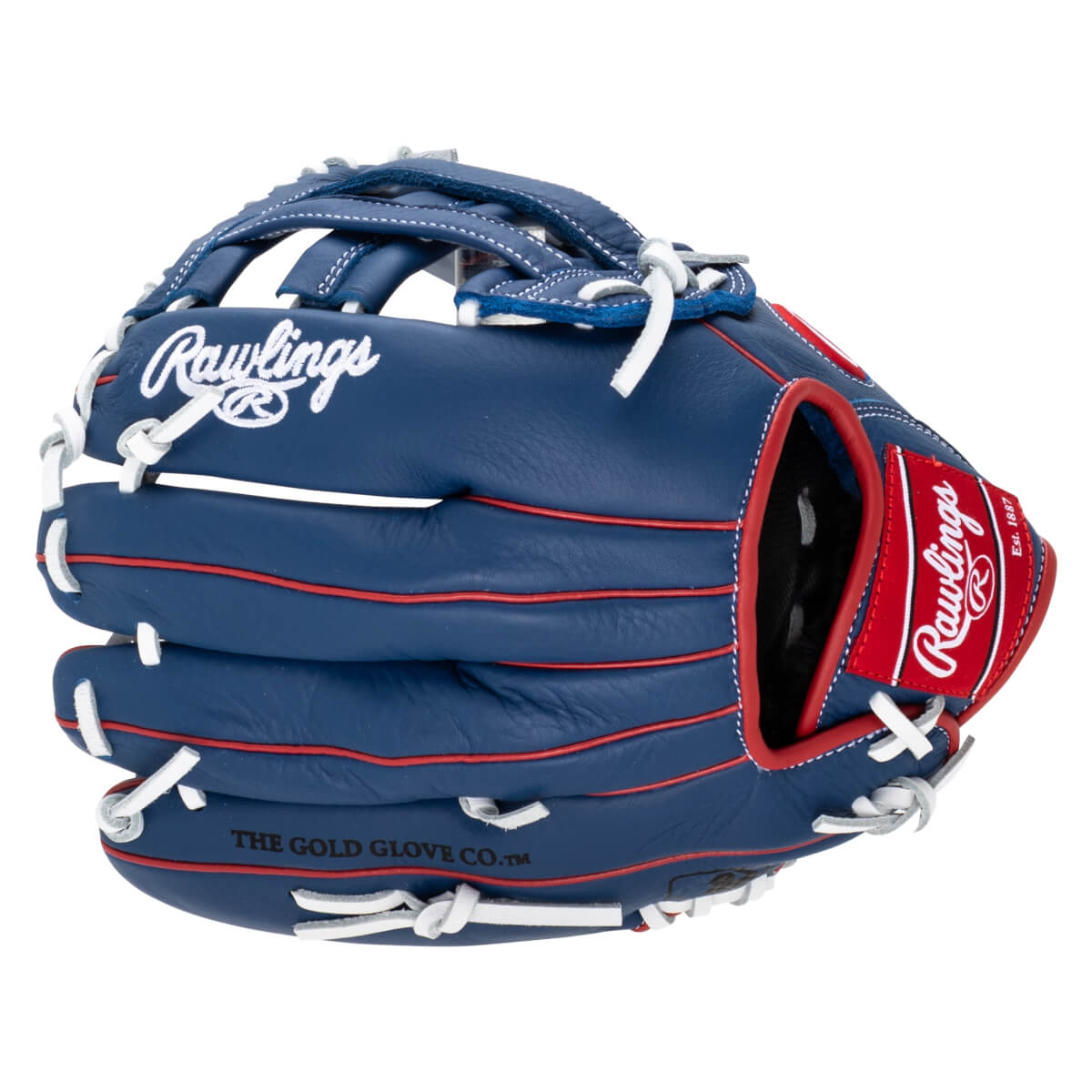 Top-down view of a blue Rawlings baseball glove with red piping and white stitching, showing the "Rawlings" logo.