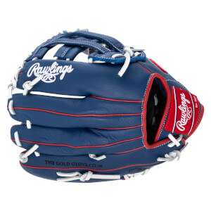 Top-down view of a blue Rawlings baseball glove with red piping and white stitching, showing the "Rawlings" logo.