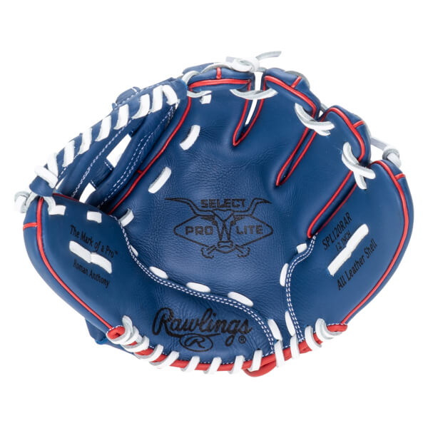 Top-down view of a blue baseball glove with red trim, white lacing, and "Rawlings" logo.