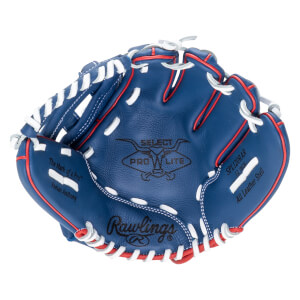 Top-down view of a blue baseball glove with red trim, white lacing, and "Rawlings" logo.