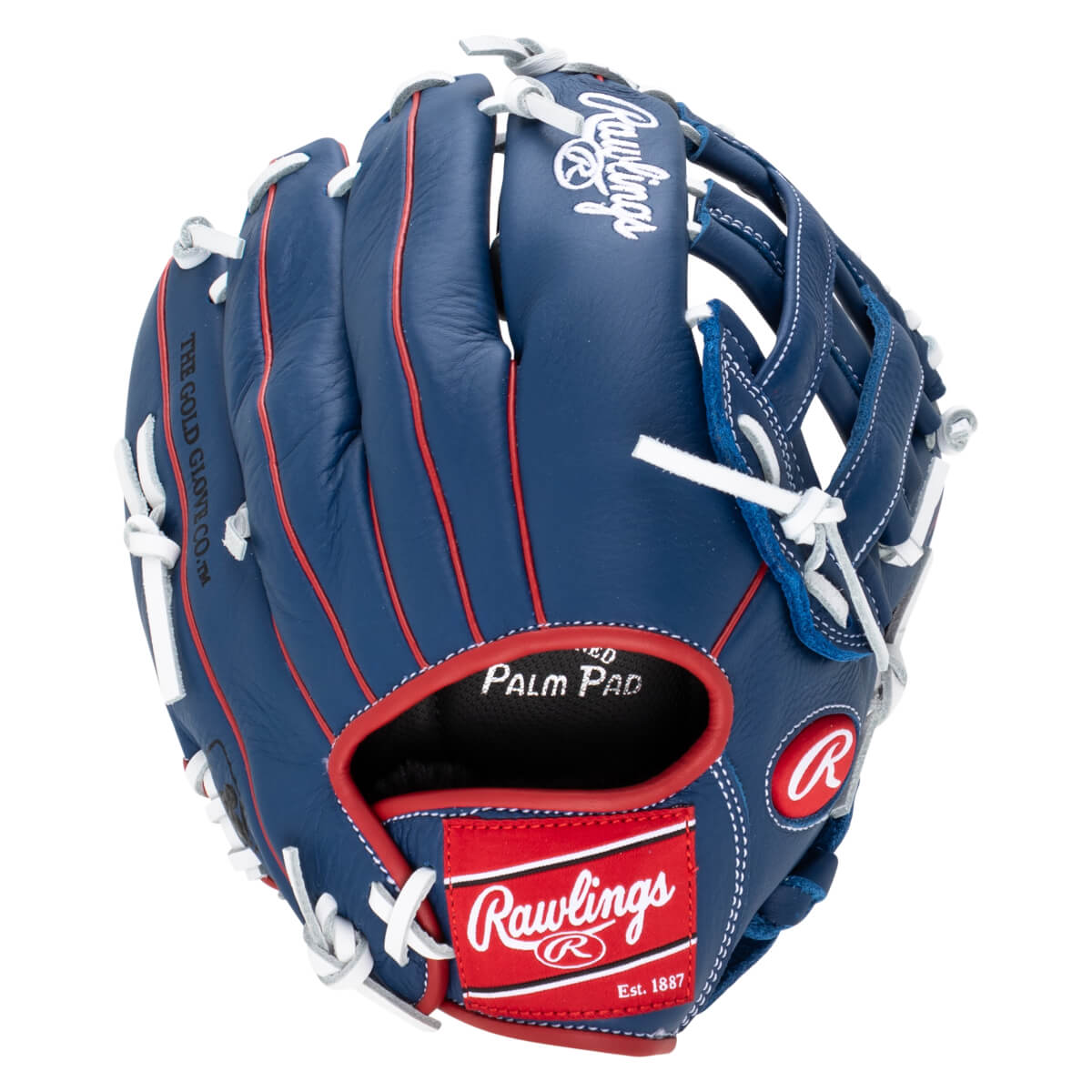 Top-down view of a blue Rawlings baseball glove with red trim, white laces, and "PALM PAD" text.
