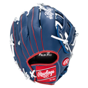 Top-down view of a blue Rawlings baseball glove with red trim, white laces, and "PALM PAD" text.