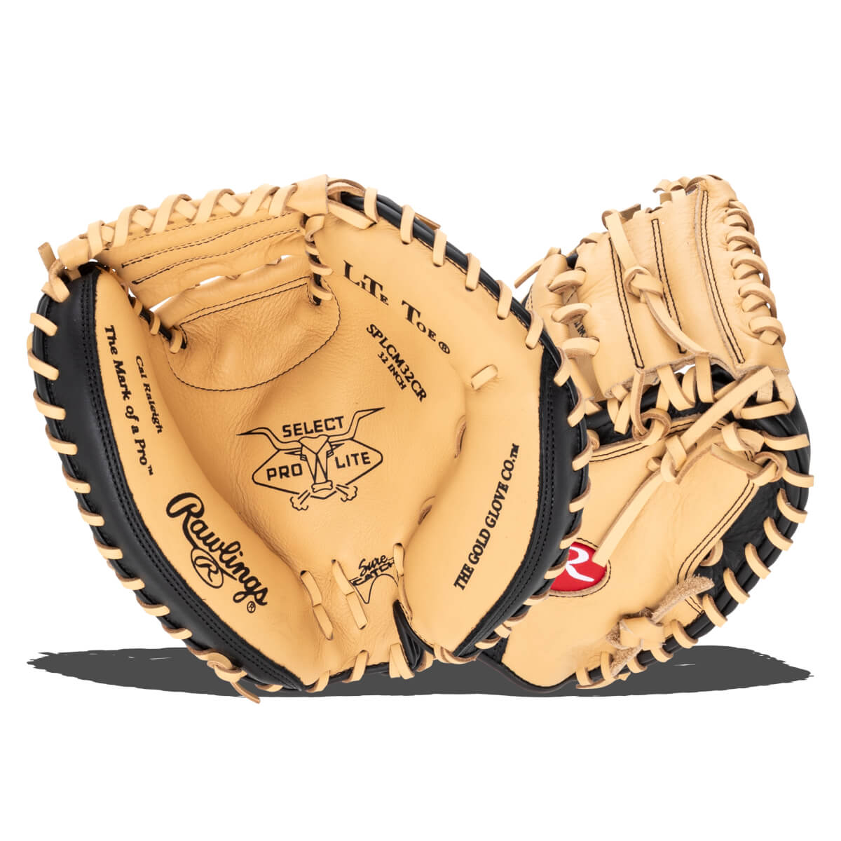 Interior view of a tan Rawlings baseball glove with black lacing, showing "SELECT PRO LITE" and "SPLCM32CR 32 INCH" text.
