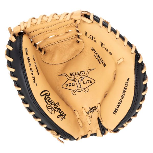 Interior view of a tan and black baseball glove showing the Rawlings logo, "SELECT PRO LITE" bull logo, and "SPLCM32CR 32 INCH".