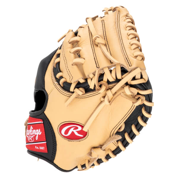 Side view of a tan and black baseball glove with a red Rawlings logo and "Est. 1887" text.