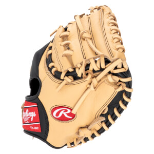 Side view of a tan and black baseball glove with a red Rawlings logo and "Est. 1887" text.