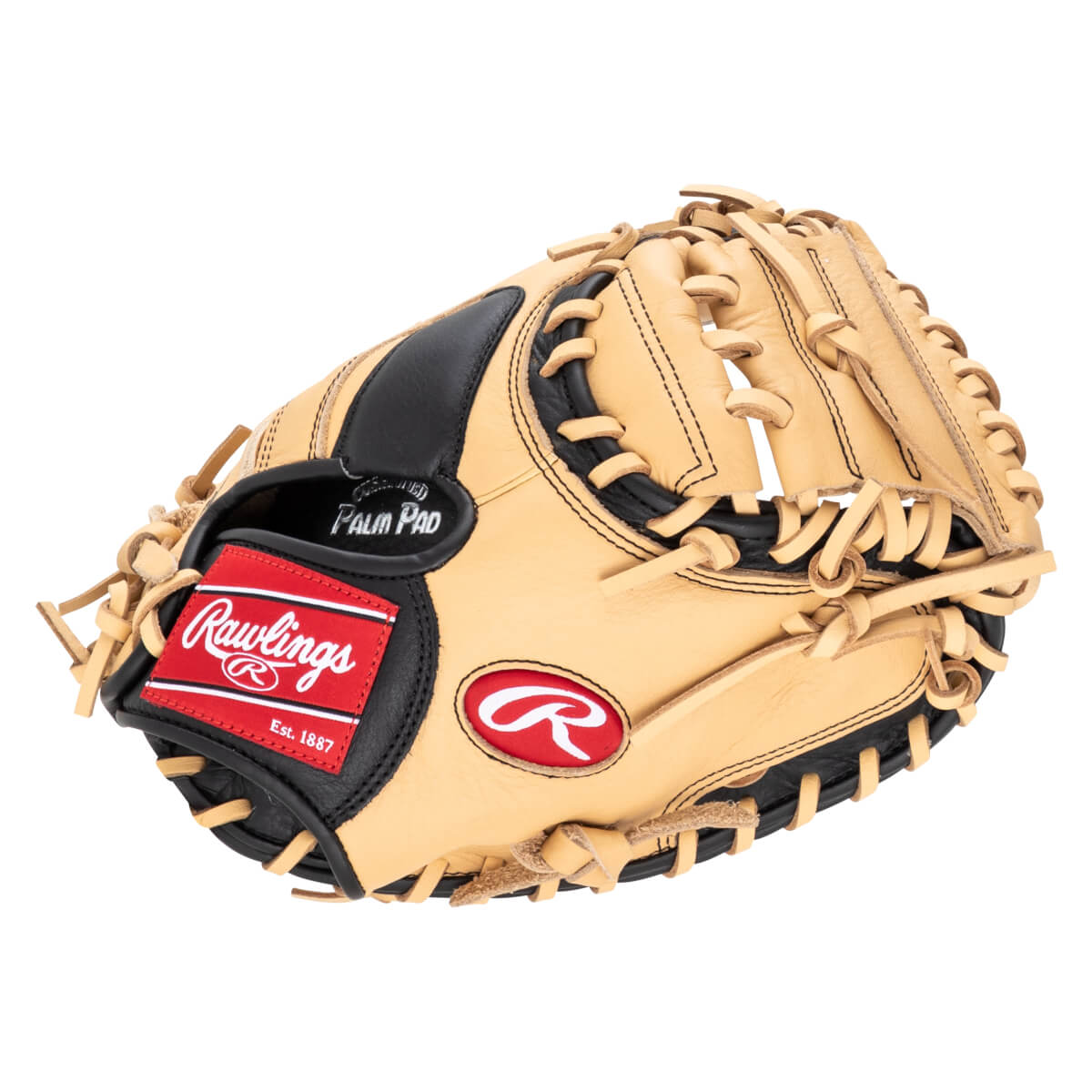 Close-up of a tan baseball glove showing the Rawlings logo and "PALM PAD" text.