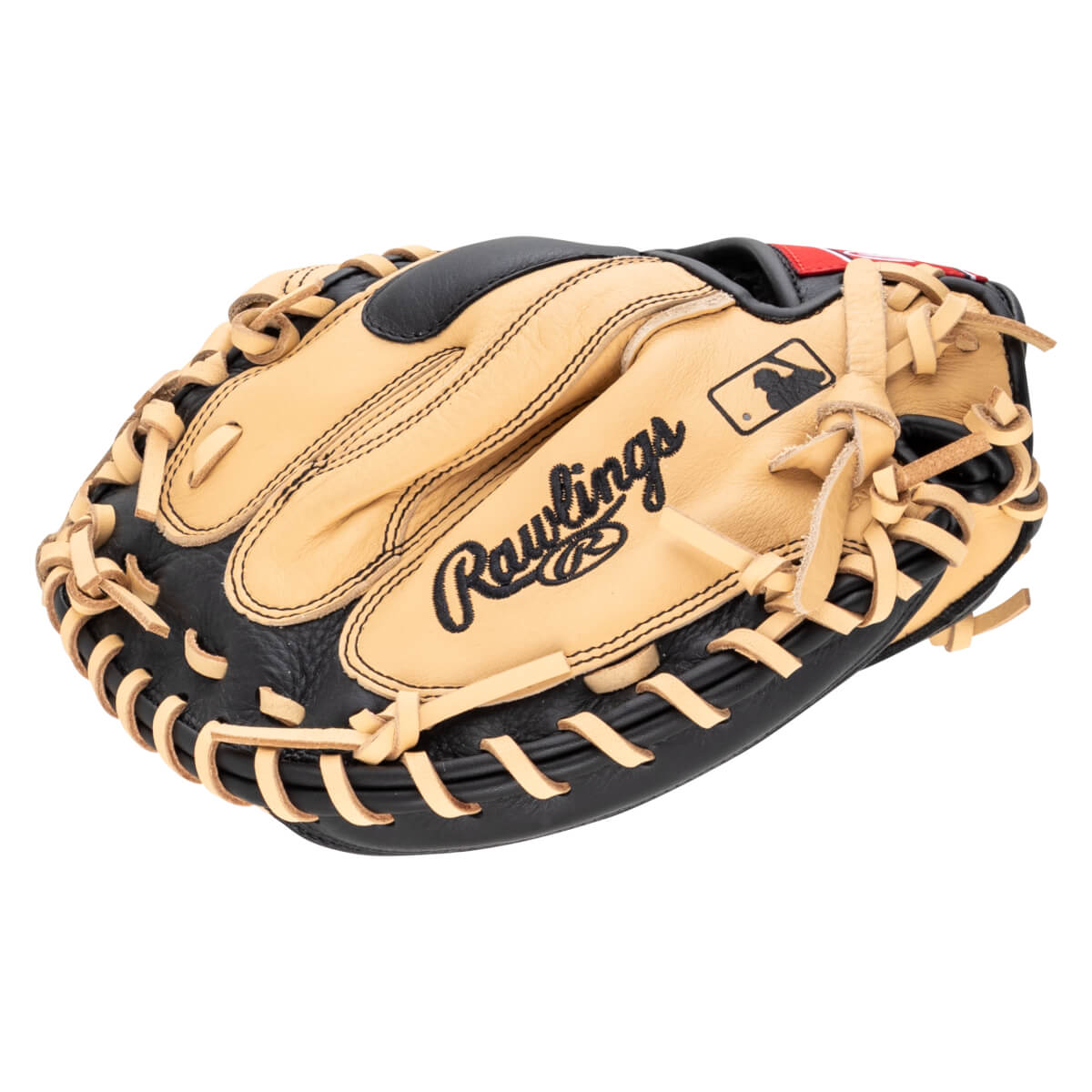 Top-down view of a tan and black Rawlings baseball glove with MLB logo and red accents.