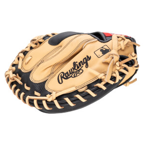 Top-down view of a tan and black Rawlings baseball glove with MLB logo and red accents.