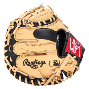 Front view of a tan and black Rawlings baseball glove with a red logo patch and MLB symbol.