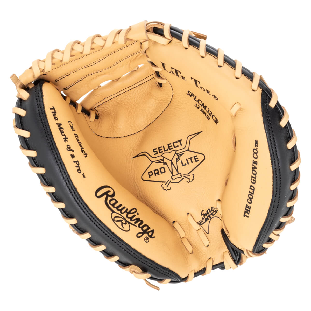 Inside view of a tan and black baseball glove, showing the Rawlings logo, "SELECT PRO LITE", and "SPLCM32CR 32 INCH".