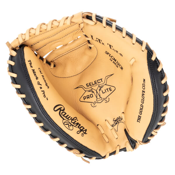 Inside view of a tan and black baseball glove, showing the Rawlings logo, "SELECT PRO LITE", and "SPLCM32CR 32 INCH".