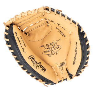 Inside view of a tan and black baseball glove, showing the Rawlings logo, "SELECT PRO LITE", and "SPLCM32CR 32 INCH".
