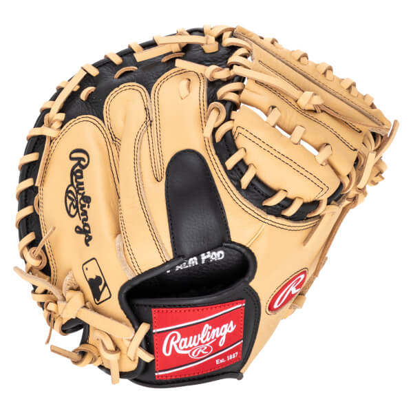 Front view of a tan and black Rawlings baseball glove with a red Rawlings logo patch.