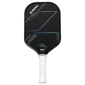 Front view of a black RPM pickleball paddle with blue and white geometric lines, "FRICTION PRO", and a signature.