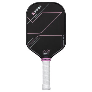 Front view of a black pickleball paddle with pink geometric lines, "RPM", "FRICTION PRO", and "Ella Oh" text.
