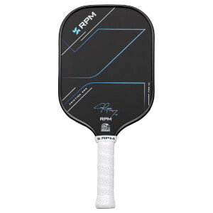Front view of a black pickleball paddle with blue and white geometric lines, "RPM FRICTION PRO," and a signature.