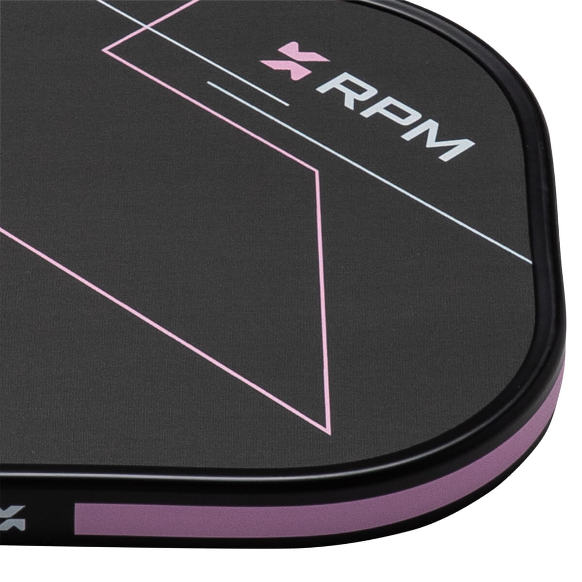 Corner view of a black mat with pink and white geometric lines and the "RPM" logo.