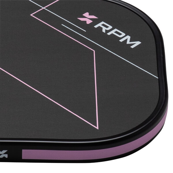 Corner view of a black mat with pink and white geometric lines and the "RPM" logo.