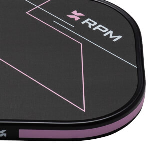 Corner view of a black mat with pink and white geometric lines and the "RPM" logo.