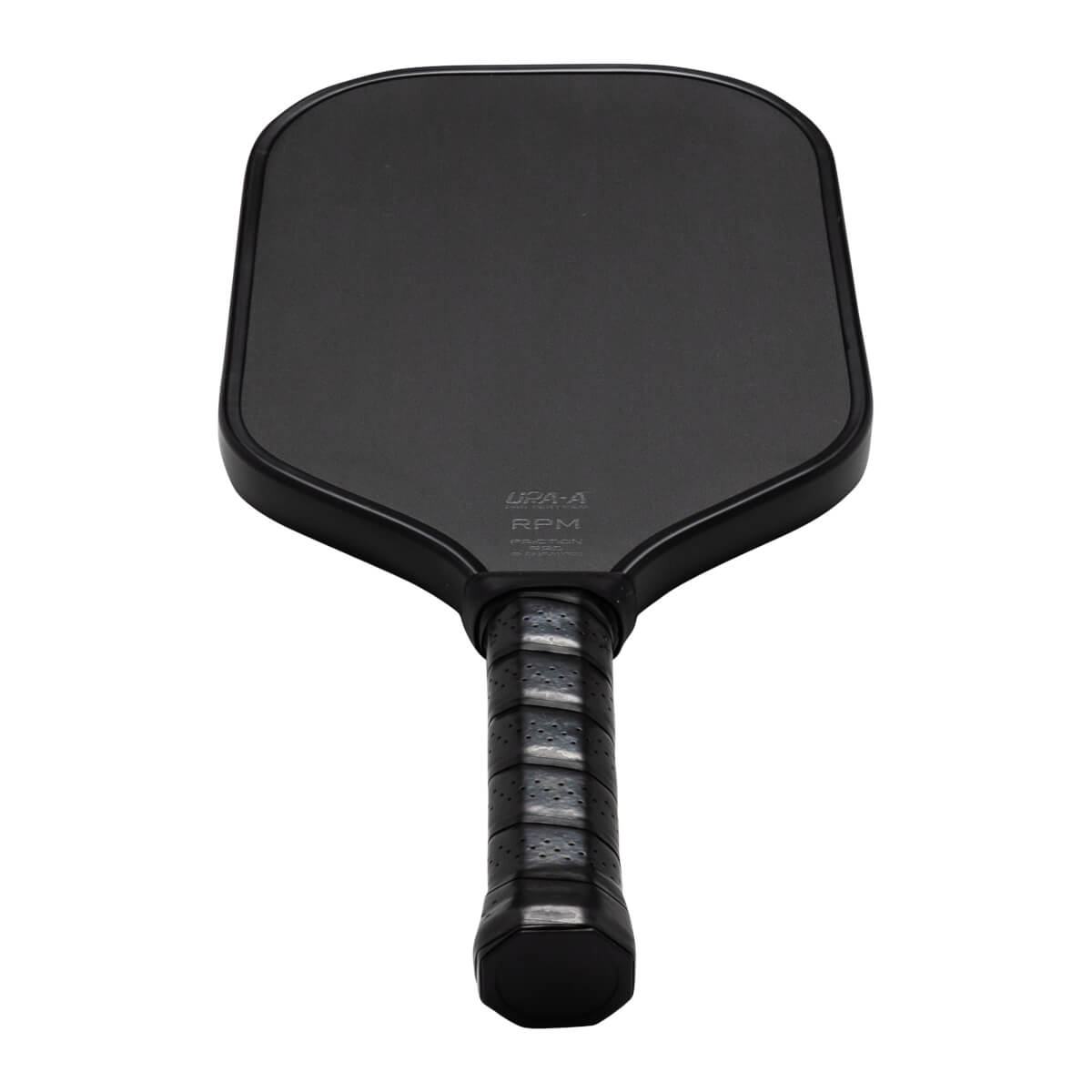 Top-down view of a black pickleball paddle with "UPA-A RPM" visible on the face and a textured grip.