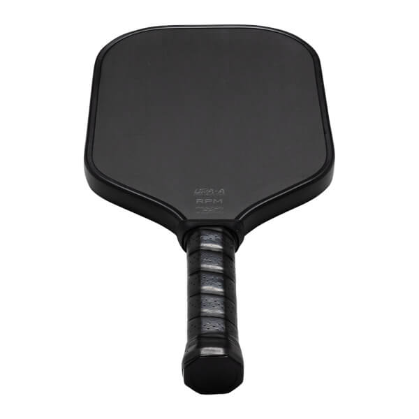 Top-down view of a black pickleball paddle with "UPA-A RPM" visible on the face and a textured grip.