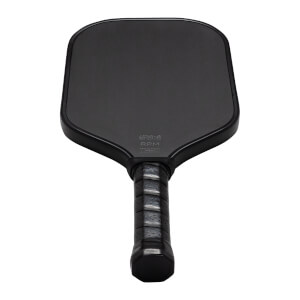 Top-down view of a black pickleball paddle with "UPA-A RPM" visible on the face and a textured grip.