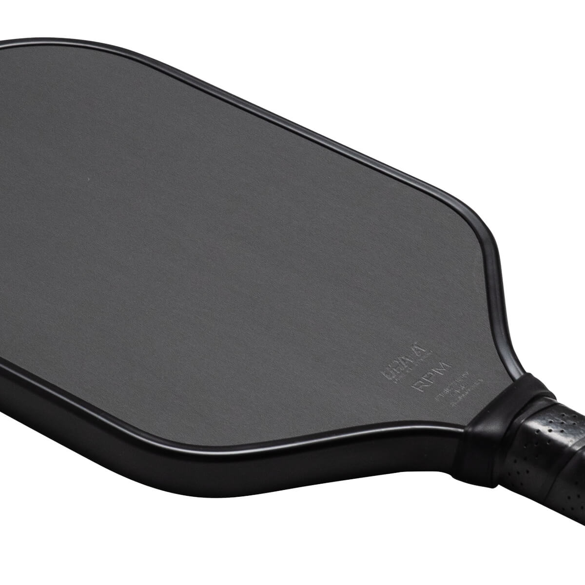 Top-down view of a black pickleball paddle with textured surface and "RPM" logo.