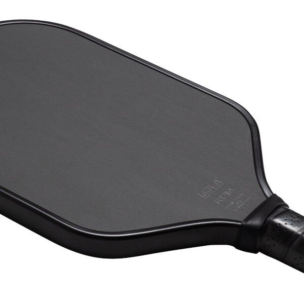Top-down view of a black pickleball paddle with textured surface and "RPM" logo.