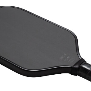Top-down view of a black pickleball paddle with textured surface and "RPM" logo.