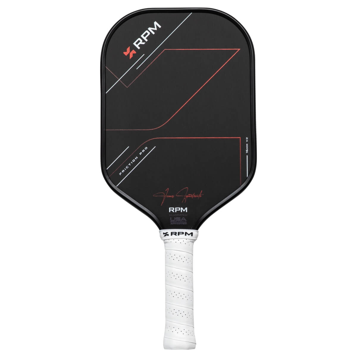 Front view of a black RPM pickleball paddle with red and white accents, "FRICTION PRO" text, and a white grip.