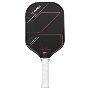 Front view of a black RPM pickleball paddle with red and white accents, "FRICTION PRO" text, and a white grip.