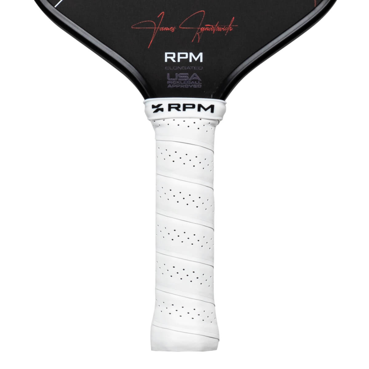 Close-up of a pickleball paddle grip showing the white, perforated grip tape with a spiral pattern and the "RPM" logo.