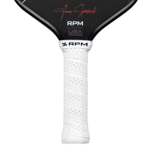 Close-up of a pickleball paddle grip showing the white, perforated grip tape with a spiral pattern and the "RPM" logo.
