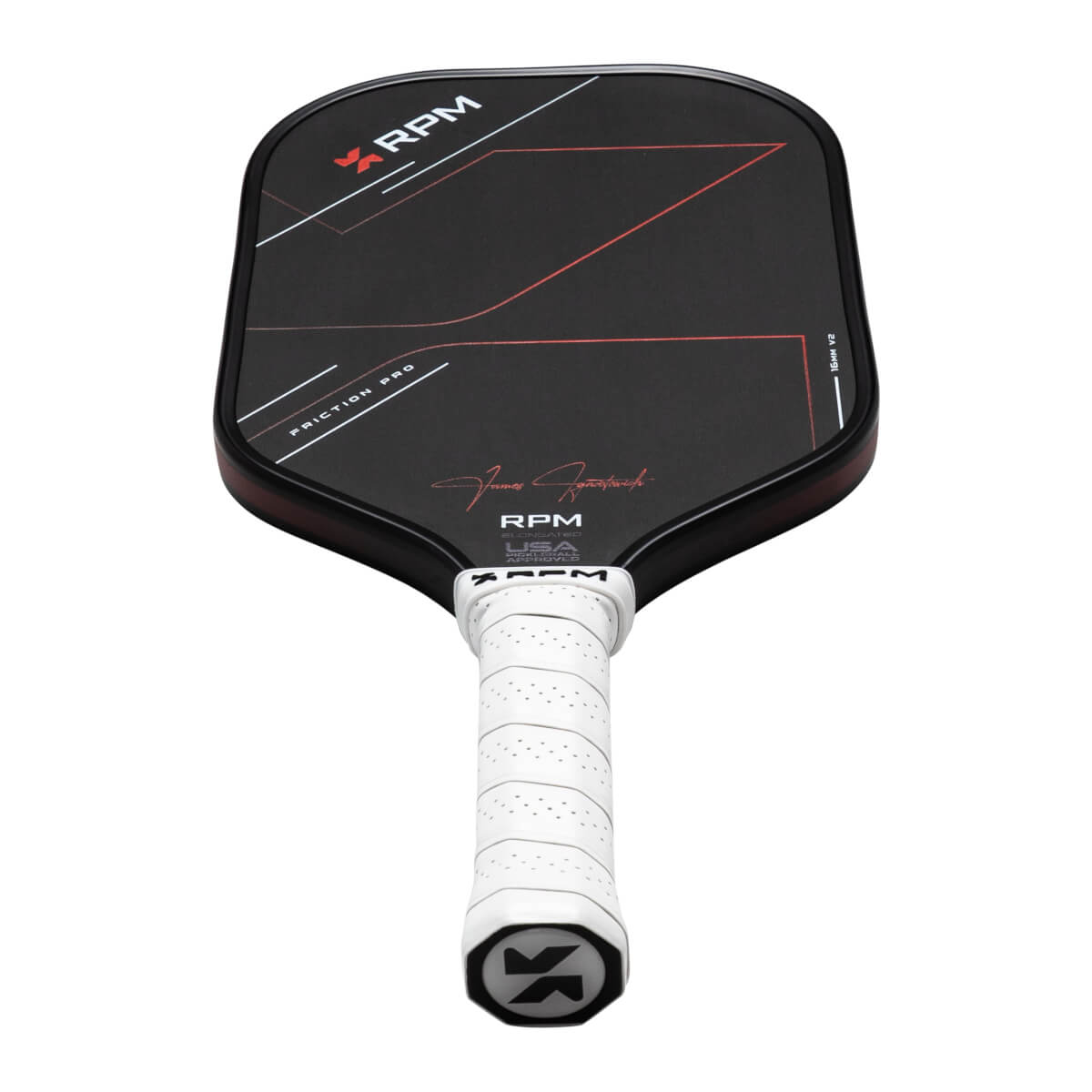 Top-down view of a black pickleball paddle with red and white graphics, "RPM" logo, and a white grip.