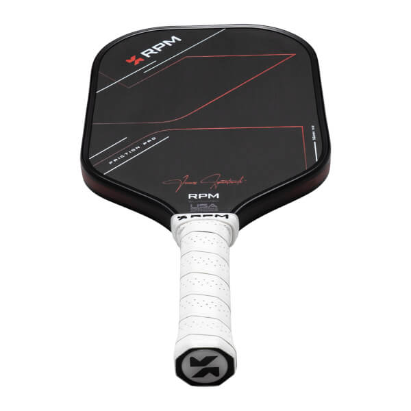 Top-down view of a black pickleball paddle with red and white graphics, "RPM" logo, and a white grip.