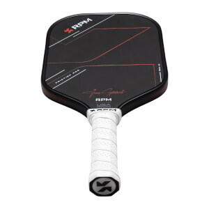 Top-down view of a black pickleball paddle with red and white graphics, "RPM" logo, and a white grip.