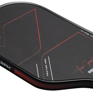 Top-down view of a black paddle with red graphics, "RPM" text, and a signature.