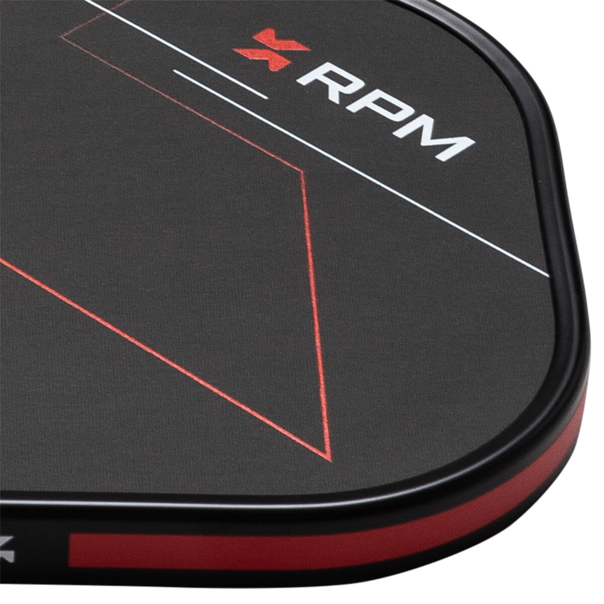 Close-up view of the top surface showing the white "RPM" logo and red geometric lines on a black textured background.
