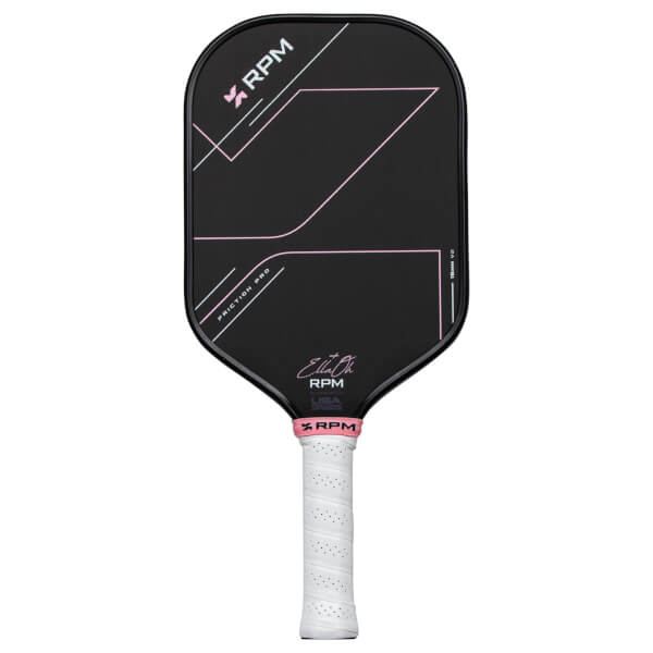 Front view of a black pickleball paddle with pink geometric lines, "RPM", "FRICTION PRO", and "16MM V2" text.