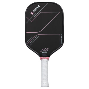 Front view of a black pickleball paddle with pink geometric lines, "RPM", "FRICTION PRO", and "16MM V2" text.