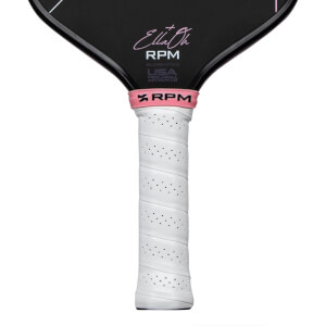 Close-up of pickleball paddle handle showing white perforated grip, pink RPM band, and "Ella Oh RPM" text.