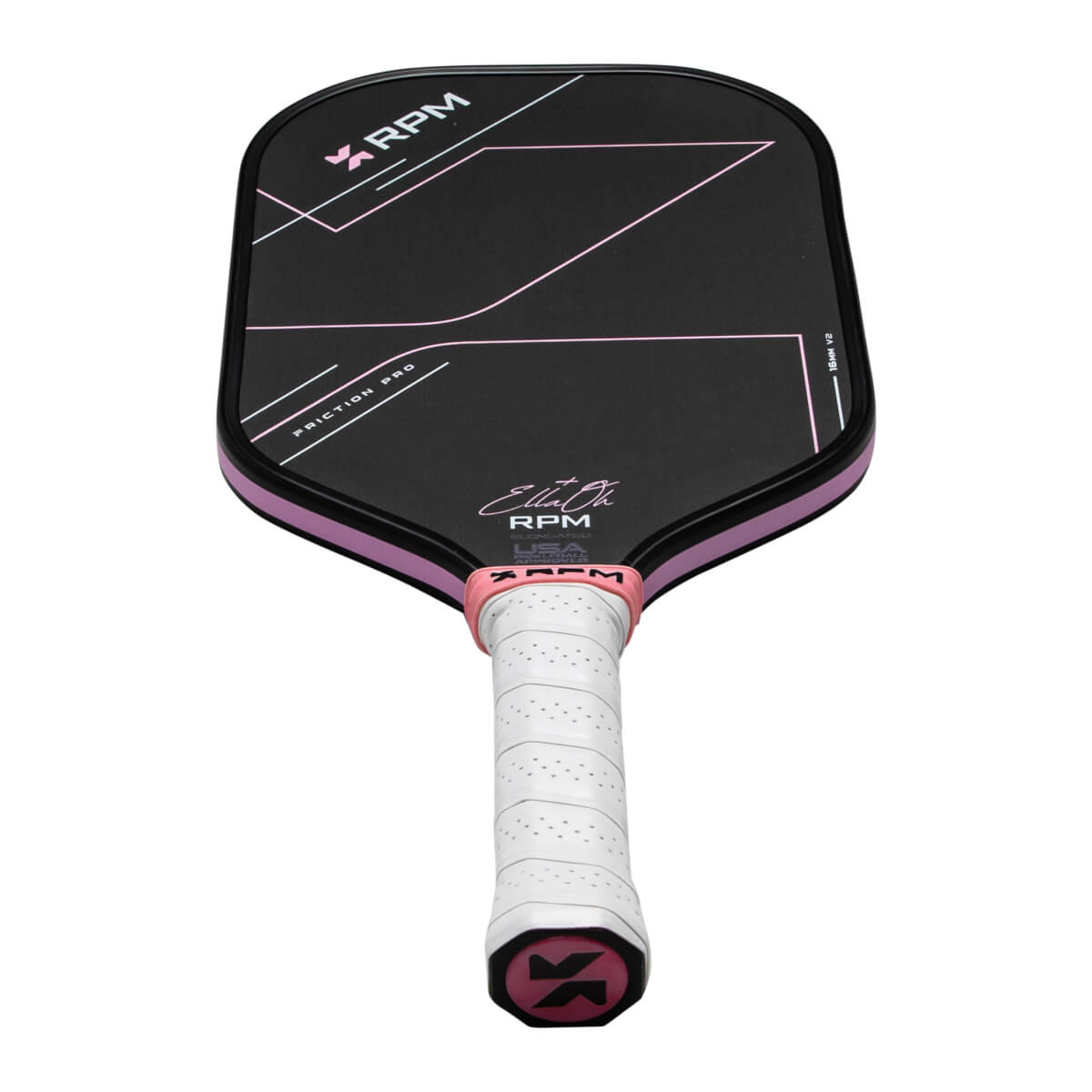 Front view of a black RPM pickleball paddle with pink geometric lines, a white grip, and "16MM V2" text.