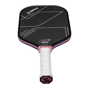 Front view of a black RPM pickleball paddle with pink geometric lines, a white grip, and "16MM V2" text.