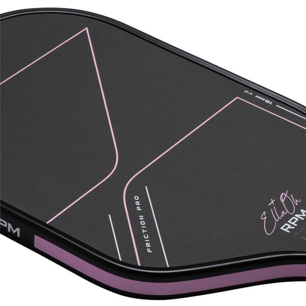 Corner view of a black grip tape with pink geometric lines, "Friction Pro", and "Ella + Oh RPM" text.